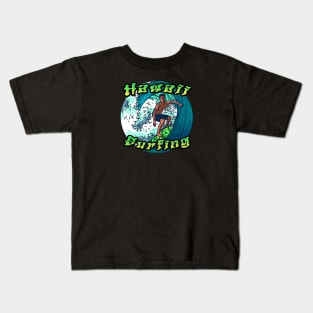 Hawaii Surfing with surfer on a wave Kids T-Shirt